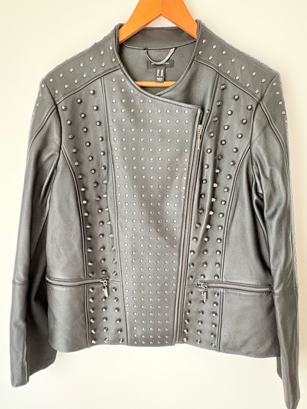 H by Halston Black Studded Leather Moto Jacket